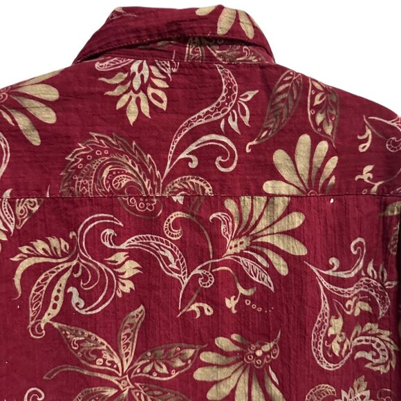 Caribbean Men’s Large Maroon Leaf Print Short Sleeve Shirt 2000s Cotton Blend - Picture 6 of 12
